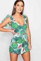 Boohoo Petite Holly Palm Print Shoulder Woven Playsuit