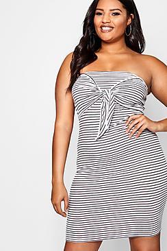 Boohoo Plus Katy Knot Front Stripe Ribbed Midi Dress
