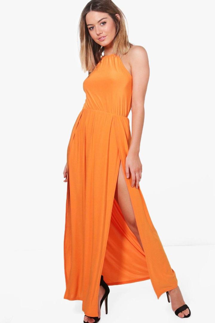 Boohoo Petite Amy Halterneck Split Leg Slinky Maxi Dress Orange