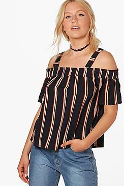 Boohoo Maya Stripe Cold Shoulder Top