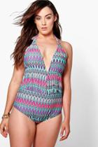 Boohoo Plus Kiera Contrast Print Deep Plunge Bathing Suit Multi