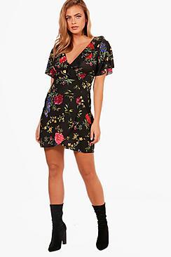 Boohoo Julia Floral Wrap Frill Tea Dress