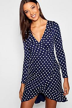 Boohoo Tall Long Sleeve Wrap Polka Dot Bodycon Dress