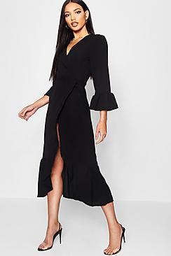 Boohoo Wrap Front Ruffle Hem Long Sleeve Maxi Dress