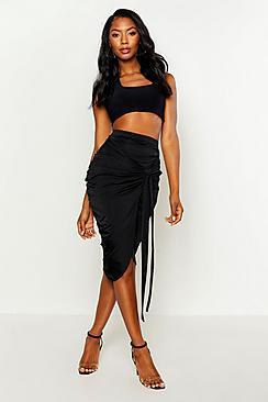 Boohoo Slinky Tie Ruched Midi Skirt