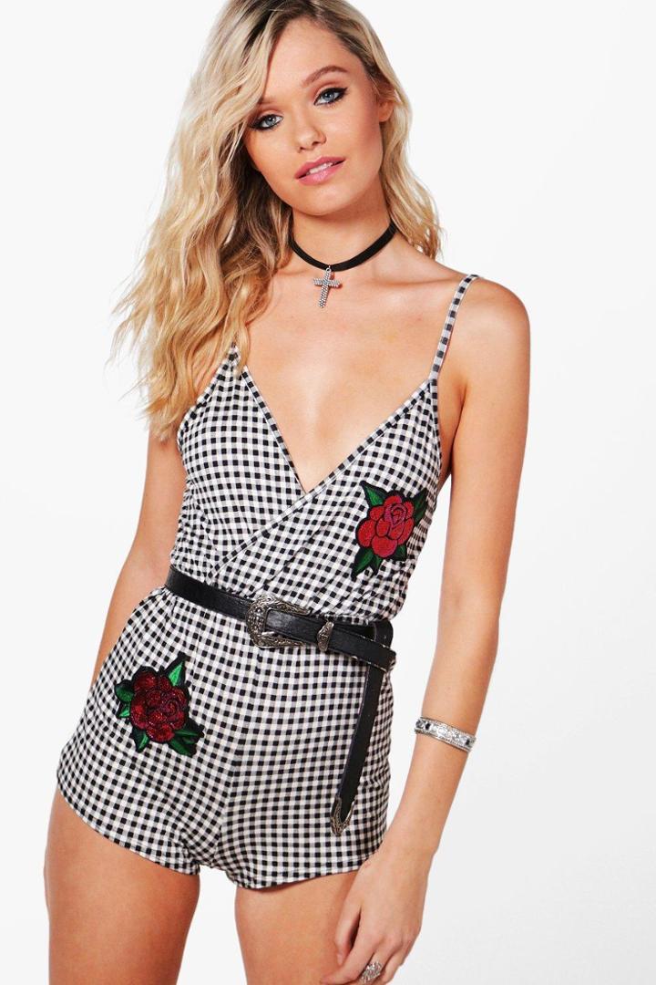 Boohoo Rita Embroidered Badge Gingham Playsuit Black