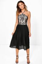 Boohoo Betty Lace Top Pleated Skirt Skater Dress Black