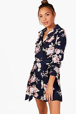 Boohoo Han Floral Belted Shirt Dress