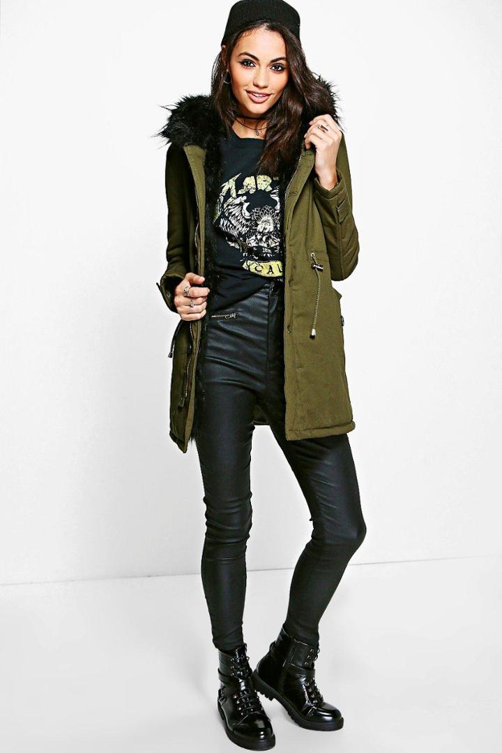 Boohoo Boutique Eliza Faux Fur Hood Parka Black