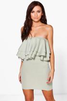 Boohoo Pai Double Frill Off Shoulder Bodycon Dress Sage