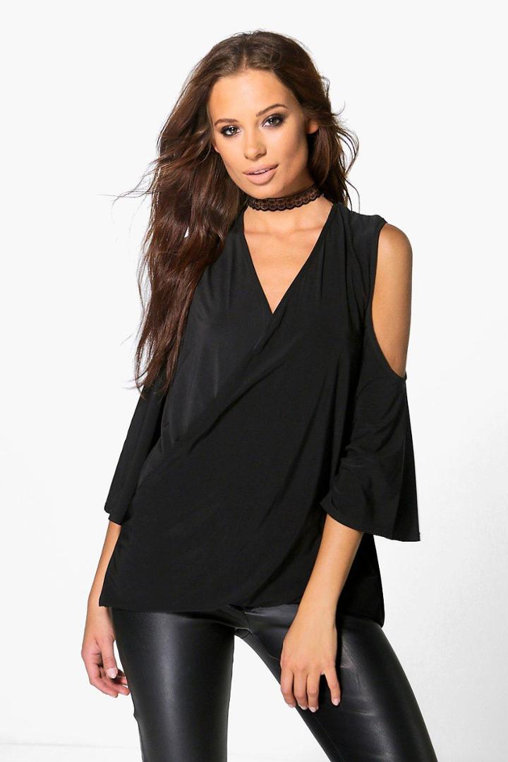 Boohoo Rosie Slinky Drape Wrap Cold Shoulder Top Black