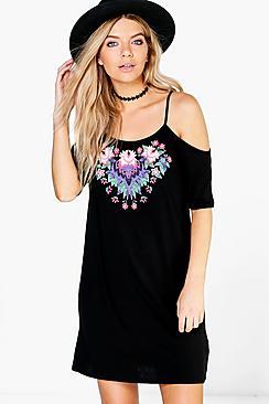 Boohoo Daria Printed Cold Shoulder Shift Dress