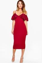 Boohoo Aoife Chiffon Frill Cold Shoulder Midi Dress Wine