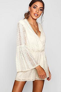 Boohoo Flare Sleeve Crochet Playsuit