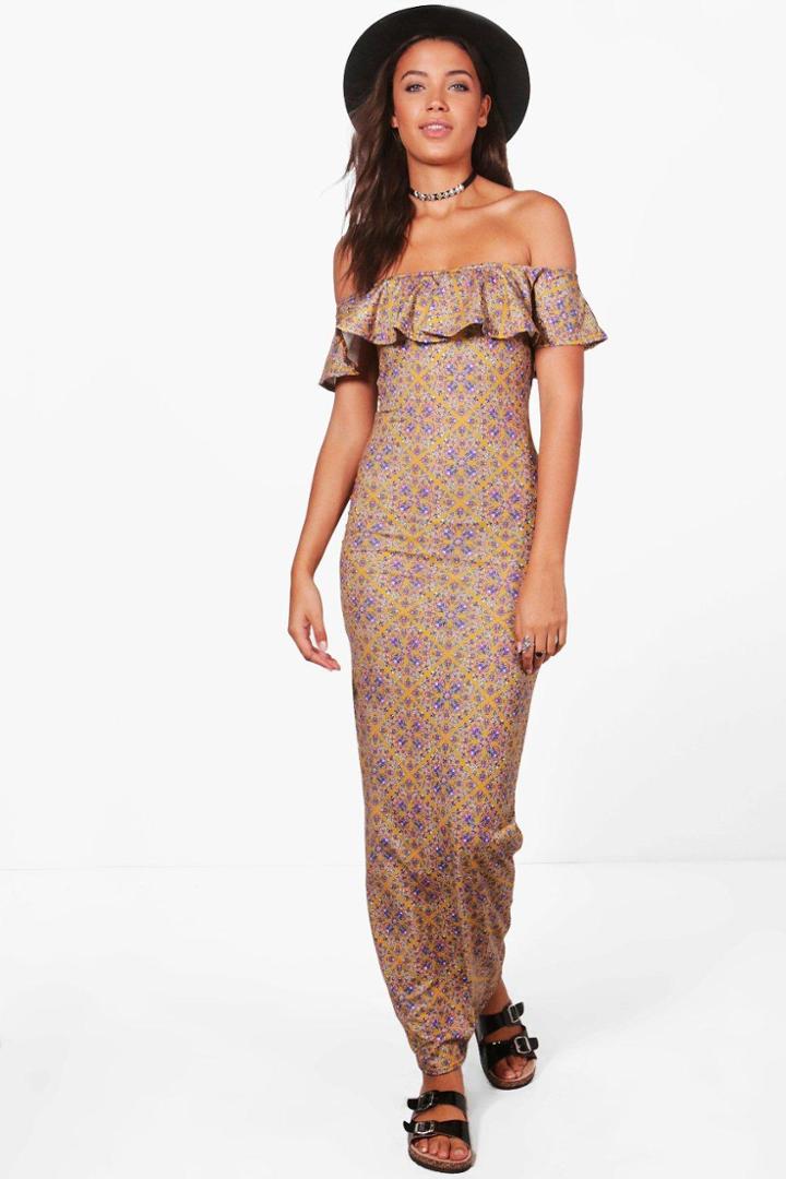 Boohoo Tall Anna Printed Off The Shoulder Maxi Dress Yellow