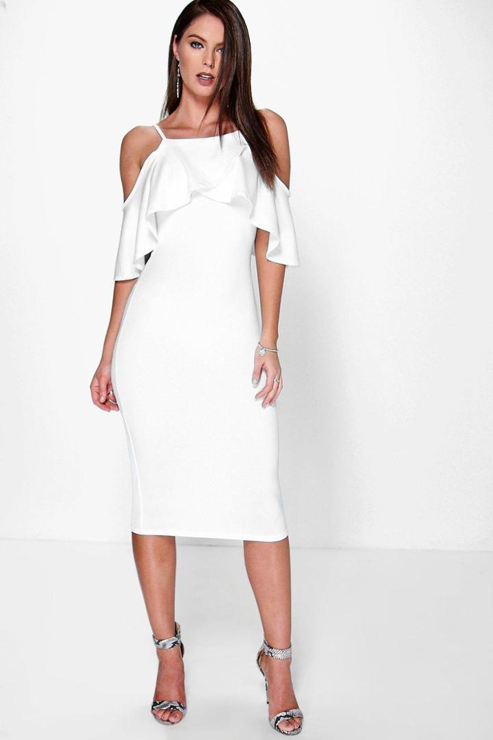 Boohoo Dalila Cold Shoulder Frill Detail Midi Dress Ivory