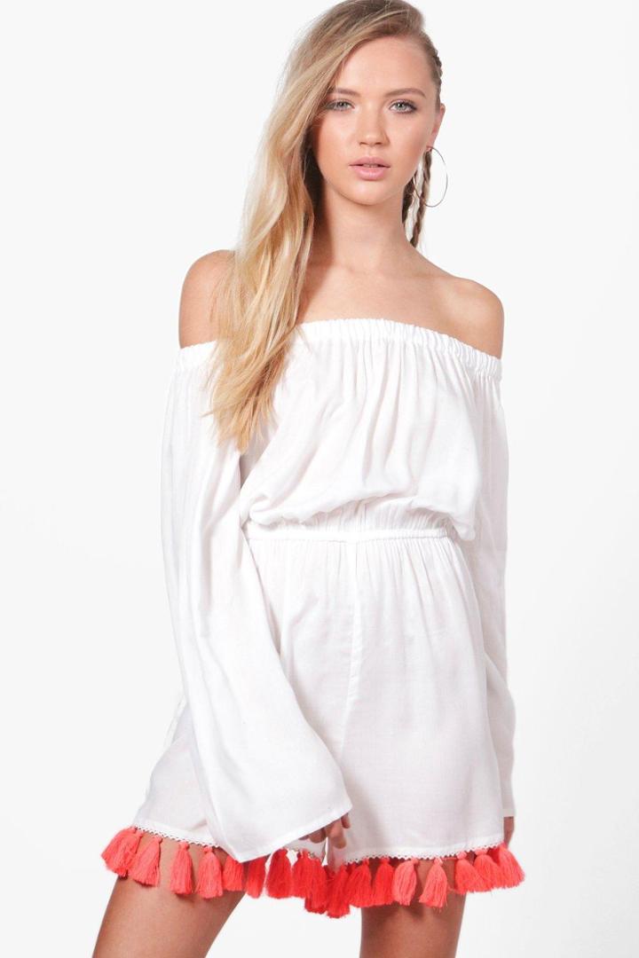 Boohoo Jodie Tassel Hem Off The Shoulder Playsuit White