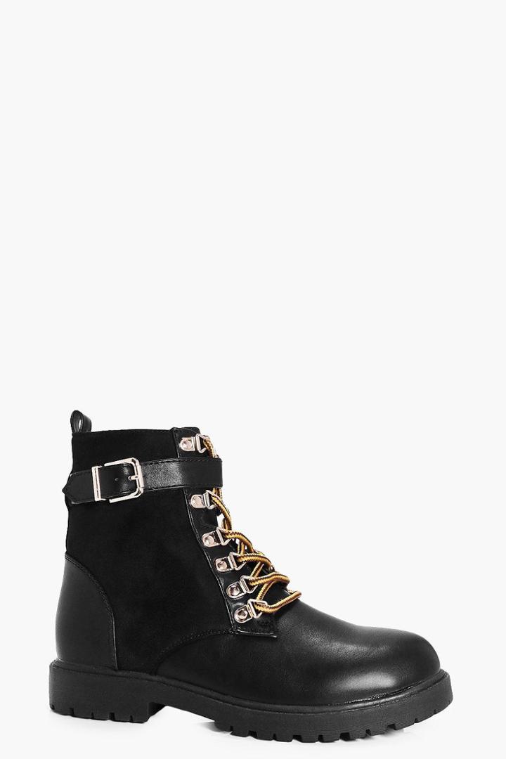 Boohoo Emilia Suedette Panel Padded Cuff Hiker Boot Black
