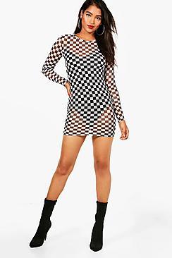 Boohoo Mindy Mesh Checker Board Bodycon Dress