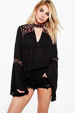 Boohoo Isobel Boutique Embroidered Choker Neck Top