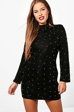Boohoo Petite Tia Power Shoulder Velvet Beaded Dress