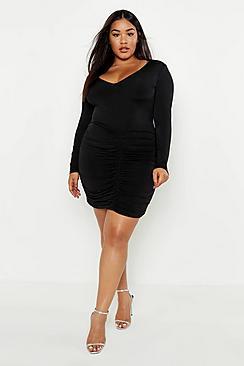 Boohoo Plus Plunge Ruched Slinky Bodycon Dress