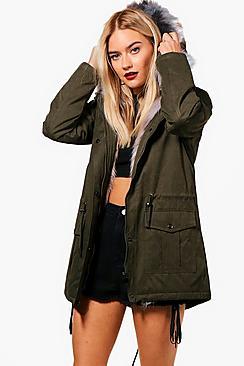 Boohoo Camilla Rainbow Faux Fur Trim Parka
