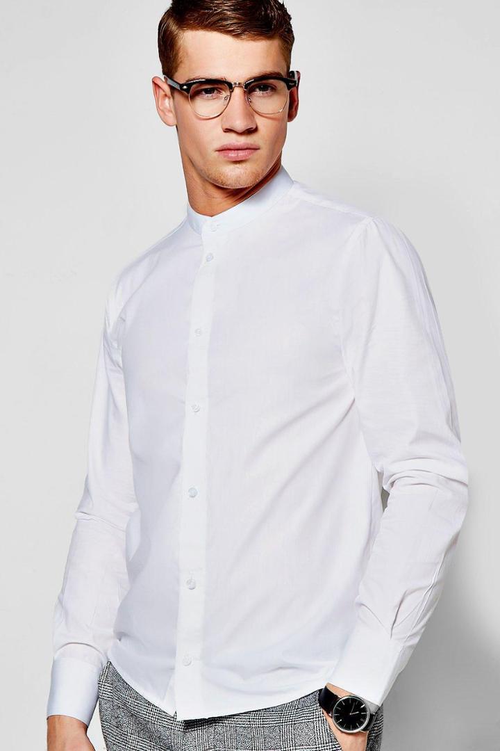 Boohoo Slim Fit Long Sleeve Grandad Collar Shirt White