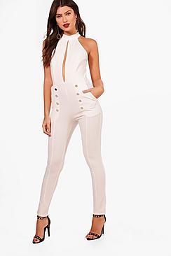 Boohoo Button Detail Halterneck Jumpsuit