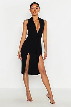 Boohoo Crepe Button Detail Split Front Midi Dress