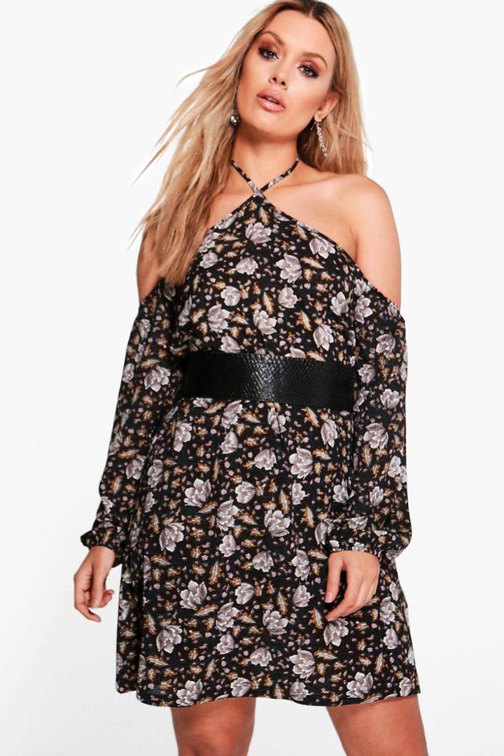 Boohoo Plus Anya Open Shoulder Floral Shift Dress Black