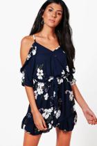 Boohoo Quinn Floral Cold Shoulder Ruffle Playsuit Navy
