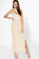Boohoo Kit Pleated Cut Out Detail Thigh Split Maxi Dress Gold