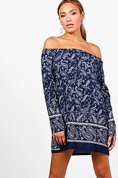 Boohoo Beth Paisley Off Shoulder Shift Dress