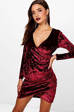 Boohoo Mia Velvet Long Sleeve Wrap Bodycon Dress