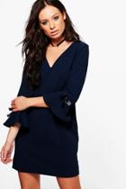 Boohoo Rhea Frill Tie Sleeve Formal Shift Dress Navy