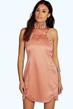 Boohoo Boutique Audrey Stud Detail High Neck Shift Dress
