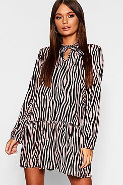 Boohoo Zebra Print Pussy Bow Smock Dress