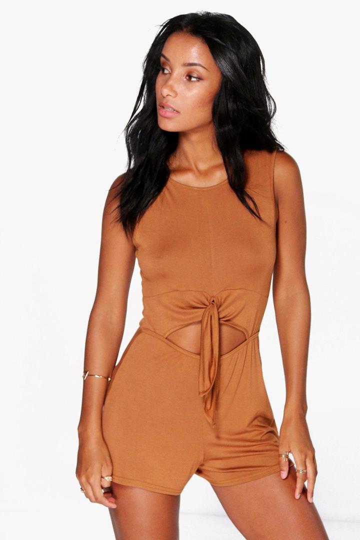 Boohoo Molly Tie Front Sleeveless Playsuit Tan