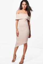 Boohoo Petite Willow Asymmetric Bardot Bodycon Dress Stone
