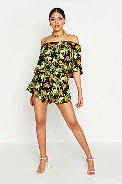 Boohoo Tall Off The Shoulder Fruit Print Playsuit