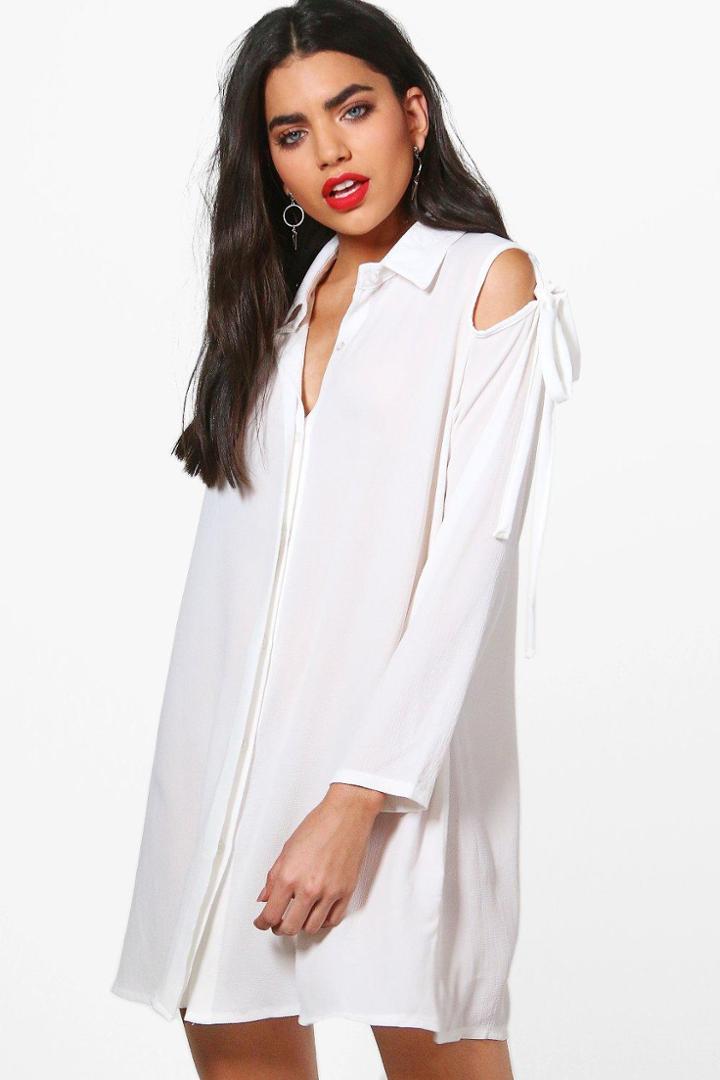 Boohoo Ella Cold Shoulder Tie Detail Shirt Dress White