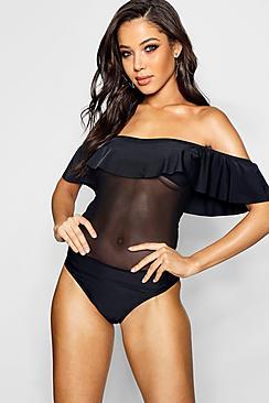 Boohoo Sydney Bardot Ruffle Swimsuit