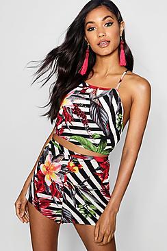 Boohoo Jodie Floral Stripe Halterneck Top & Short Co-ord