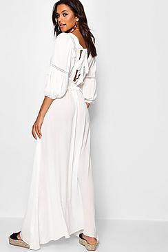 Boohoo Shirred Waist Open Back Boho Midi Dress