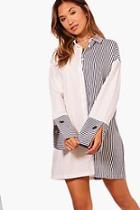 Boohoo Saskia Stripe Mix Eyelet Cuff Shirt Dress