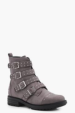 Boohoo Sofia Studded Strap Biker Boots