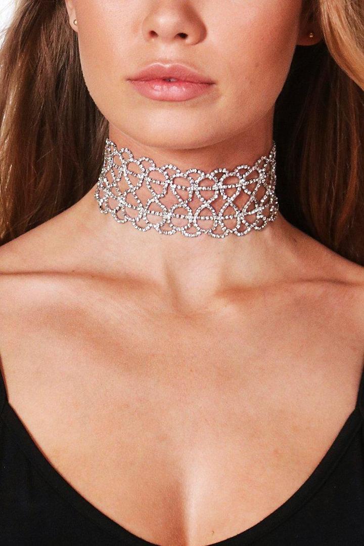 Boohoo Lucy Boutique Diamante Ribbon Tie Choker Silver