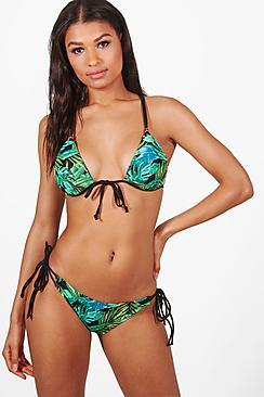 Boohoo Sydney Palm Print Back Detail Triangle Bikini