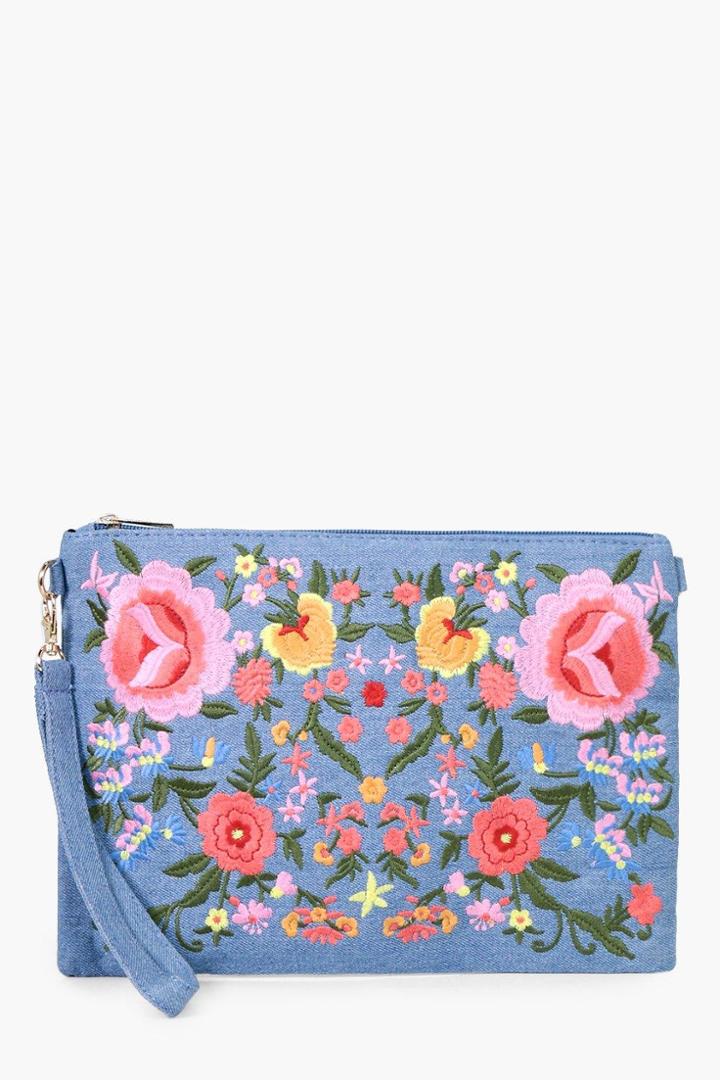 Boohoo Lisa All Over Embroidered Denim Clutch Blue